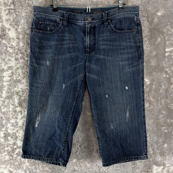 LOFT Size 6 Boyfriend Denim Jeans Blue Distressed Cropped Capri Pants Button Zip - Picture 1 of 13
